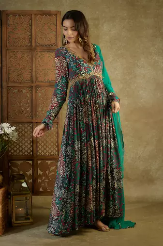 Green printed anarkali set