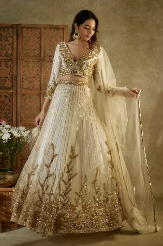 Ivory And Gold Embroidered Lehenga Set