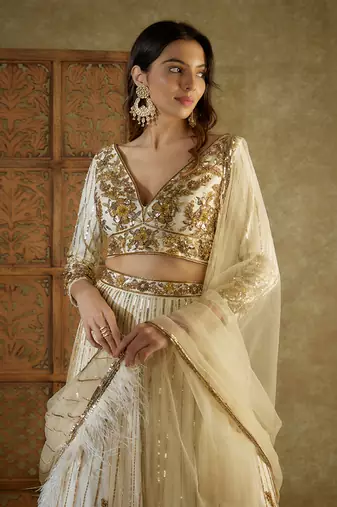Ivory And Gold Embroidered Lehenga Set