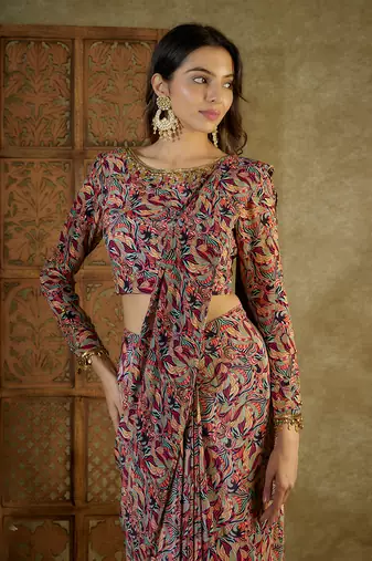 Ivory printed pre stitched saree