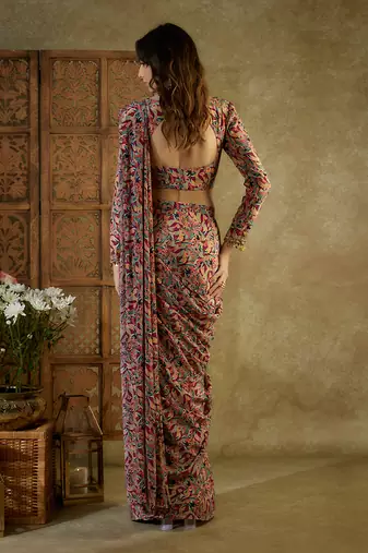 Ivory printed pre stitched saree