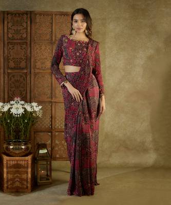 Pink printed pre stitched saree 1