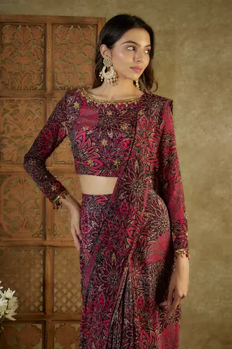 Pink printed pre stitched saree