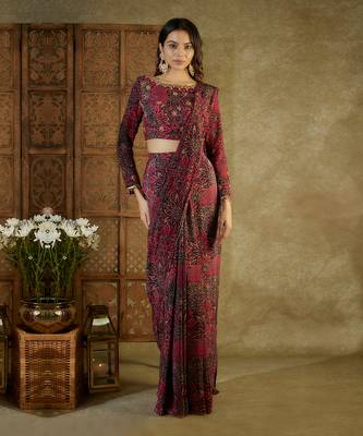Pink printed pre stitched saree 3