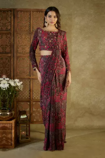 Pink printed pre stitched saree
