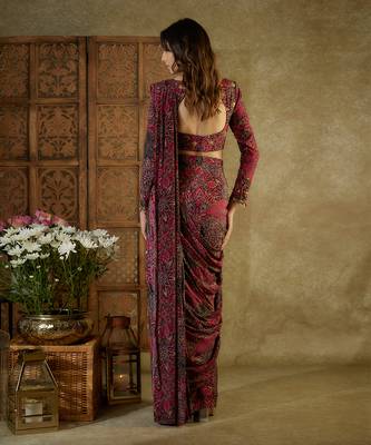 Pink printed pre stitched saree 4