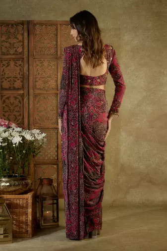 Pink printed pre stitched saree
