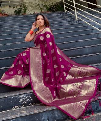 WINE WOVEN Faux Faux Kanjivaram SILK SAREE WITH BLOUSE PIECE 4