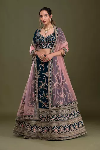 Blue Pink Embroidered Semi Stitched Lehenga Choli