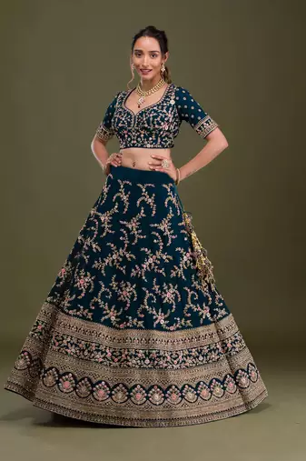 Blue Pink Embroidered Semi Stitched Lehenga Choli