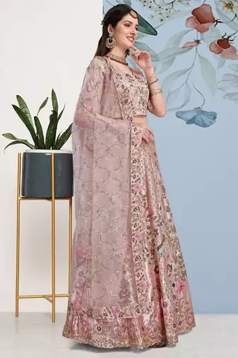 Gold and Pink Art Silk Semi Stitched Lehenga Choli with Sequin Embroidery