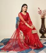 Vairagee Red Soft Net Saree With  Embroidery Work & Embroidery  Blouse