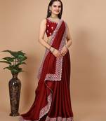 Vairagee  Red Soft Rangoli  Silk Embroidery Saree & Blouse Mono Banglory