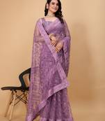 Vairagee purple Soft Net Saree With Embroidery Work & Blouse Mono Banglory
