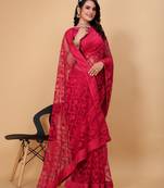 Vairagee Rani Pink Red Soft Net Saree With Embroidery Work & Blouse Mono Banglory