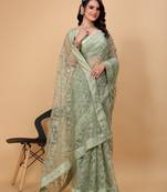 Vairagee Green Red Soft Net Saree With Embroidery Work & Blouse Mono Banglory