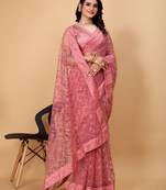Vairagee Onoin Pink Soft Net Saree With Embroidery Work & Blouse Mono Banglory