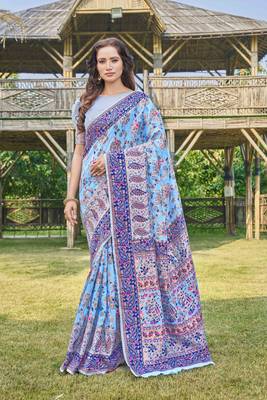 Blue -Coloured Floral Silk Blend Saree 1