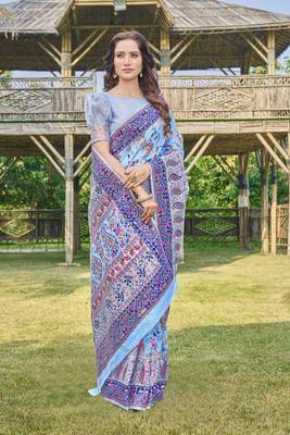 Blue -Coloured Floral Silk Blend Saree 2