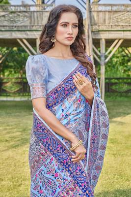Blue -Coloured Floral Silk Blend Saree 3