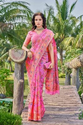 Pink -Coloured Floral Silk Blend Saree 2