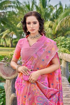 Pink -Coloured Floral Silk Blend Saree 3