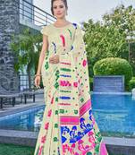 Ethnic Motifs Woven Design Cotton Linen Saree Without Blouse