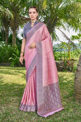 Ethnic Motifs Woven Design Zari Silk Blend Faux Banarasi Saree 1