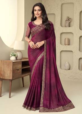 Wine zari embroidery shimmer silk indian saree with embellished blouse 1