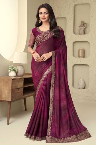 Wine zari embroidery shimmer silk indian saree with embellished blouse