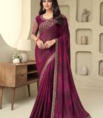 Wine zari embroidery shimmer silk indian saree with embellished blouse