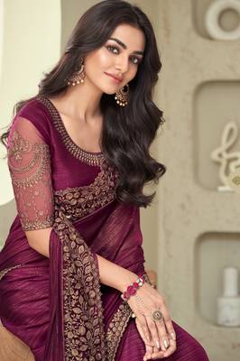 Wine zari embroidery shimmer silk indian saree with embellished blouse 2