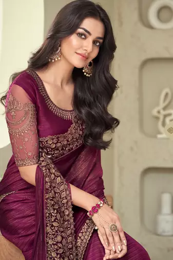 Wine zari embroidery shimmer silk indian saree with embellished blouse