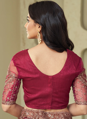 Wine zari embroidery shimmer silk indian saree with embellished blouse 3