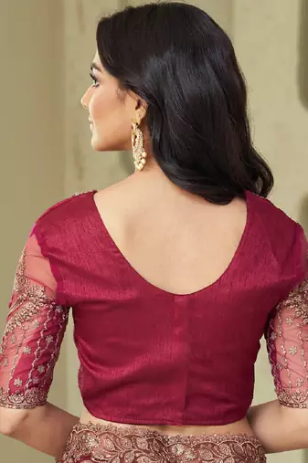 Wine zari embroidery shimmer silk indian saree with embellished blouse