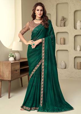 Green silver silk pattern embroided sequins saree with work blouse for wedding 1
