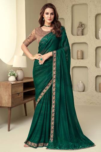Green silver silk pattern embroided sequins saree with work blouse for wedding