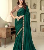 Green silver silk pattern embroided sequins saree with work blouse for wedding