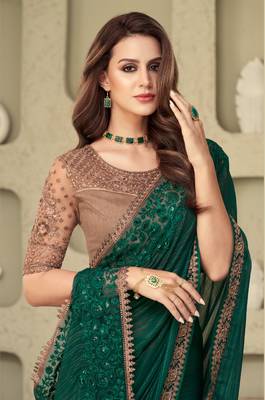 Green silver silk pattern embroided sequins saree with work blouse for wedding 2