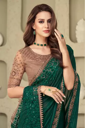 Green silver silk pattern embroided sequins saree with work blouse for wedding