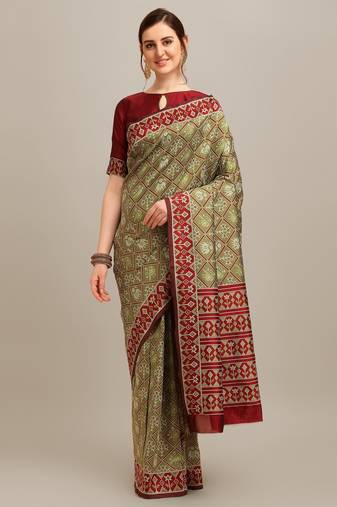 Serona fabrics women's banarasi silk zari woven patola weaving printed saree with blouse
