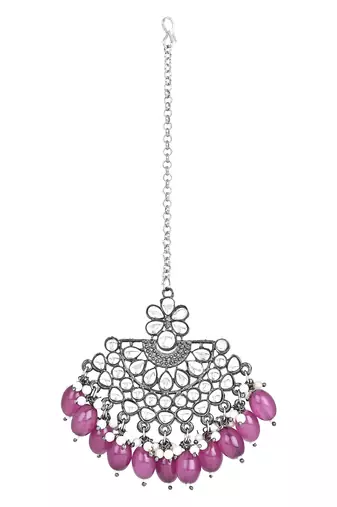 Navratri Ethnic Stylish Silver Oxidised Kundan Pearl Chandbali Earrings With Maang Tikka Set