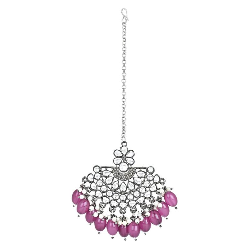 Navratri Ethnic Stylish Silver Oxidised Kundan Pearl Chandbali Earrings With Maang Tikka Set