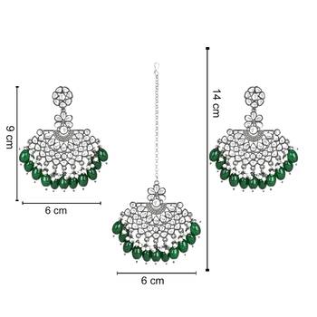 Navratri Ethnic Stylish Silver Oxidised Kundan Pearl Chandbali Earrings With Maang Tikka Set 6