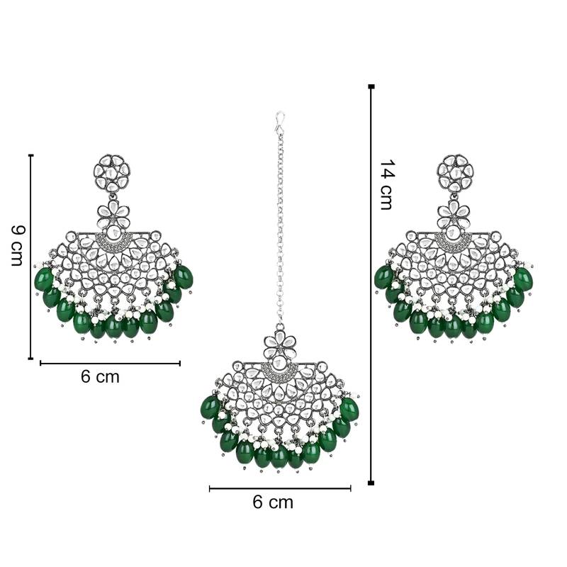 Navratri Ethnic Stylish Silver Oxidised Kundan Pearl Chandbali Earrings With Maang Tikka Set