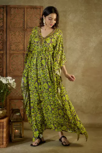 Green printed kaftan dress
