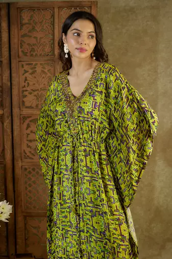 Green printed kaftan dress