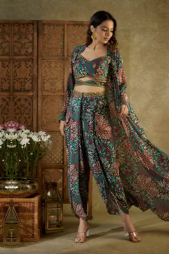 Green printed dhoti set