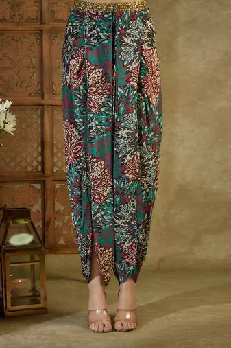 Green printed dhoti set
