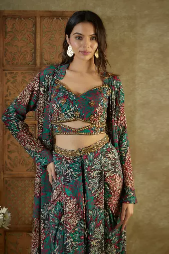 Green printed dhoti set